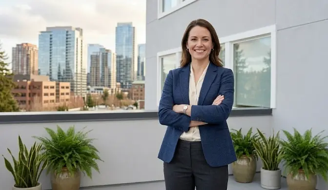 Bellevue business owner in front of professionally painted commercial building on the Eastside