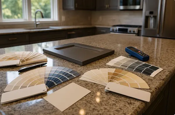 Color consultation for kitchen cabinet painting showing sophisticated palette options for Bellevue homes