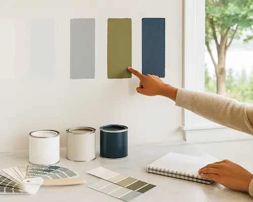 Professional color consultation for residential painting in Bellevue showing advanced testing methods in luxury home