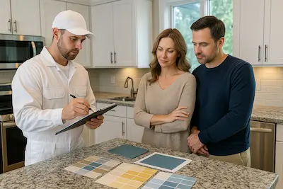 Professional kitchen cabinet consultation in luxury Bellevue home with detailed analysis