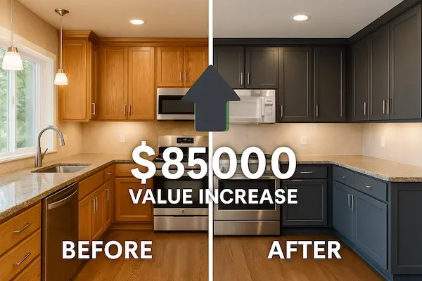 Before and after comparison showing dramatic kitchen cabinet transformation in Bellevue with ROI analysis