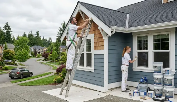 Pizoni Painting professional crew at work on a Bellevue Washington home exterior showing skilled technique and premium equipment