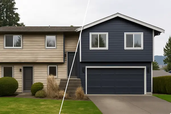 Stunning before and after residential painting transformation in Bellevue showing modern home exterior renovation