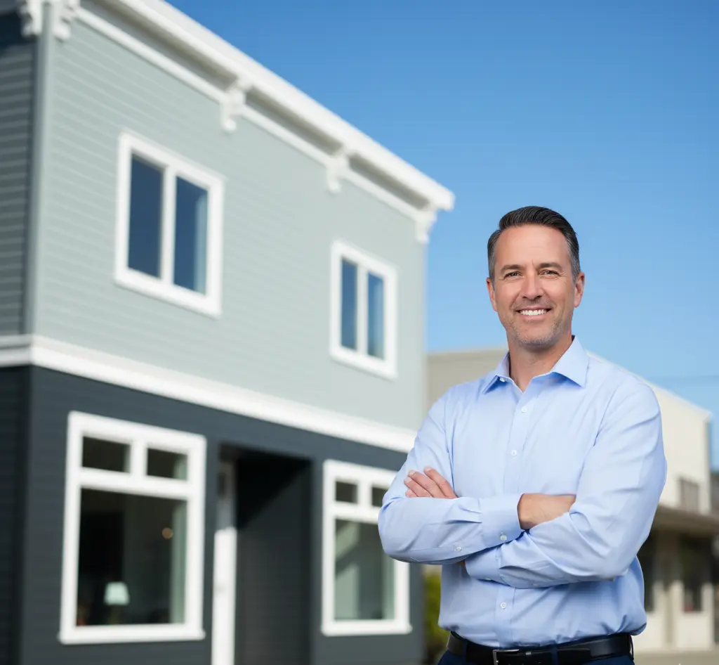 Satisfied Bothell business owner in front of professionally painted commercial building