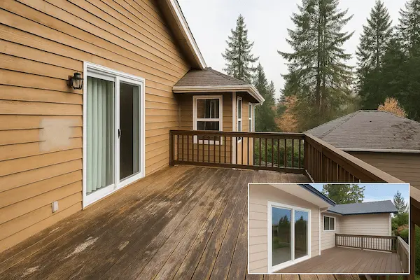 Climate challenges for deck maintenance in Bothell showing rain, UV damage, and temperature effects