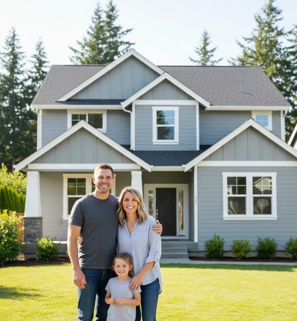 Happy Bothell homeowners in front of their professionally painted home