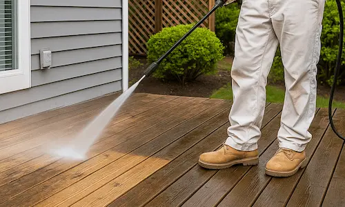 Professional deck preparation process in Bothell showing cleaning, sanding, and surface treatment stages