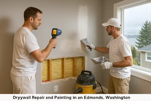 Professional drywall repair and painting in Edmonds showing moisture damage restoration and specialized coastal techniques