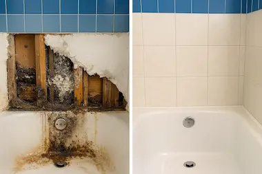 Severe bathroom water damage repair in Edmonds home showing before and after restoration
