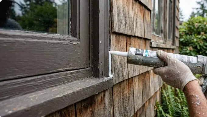 Professional caulking of window frames and trim joints on an Edmonds Washington home exterior as part of preparation before painting