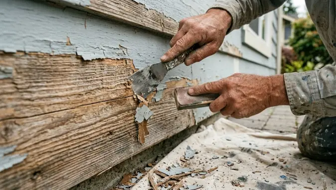 Close-up of professional surface preparation on an Edmonds home exterior showing hand-scraping and sanding of cedar siding