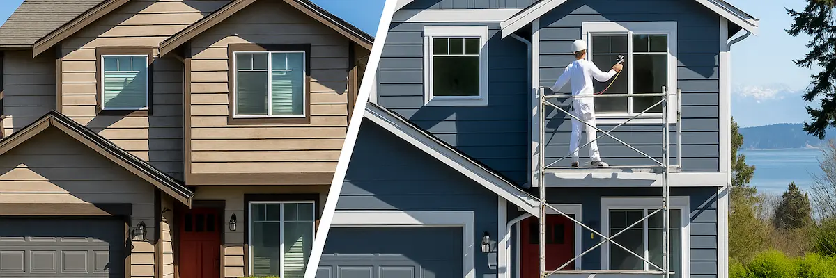 Dramatic before and after transformation of Everett house exterior painting project showing weathered siding restored to beautiful condition