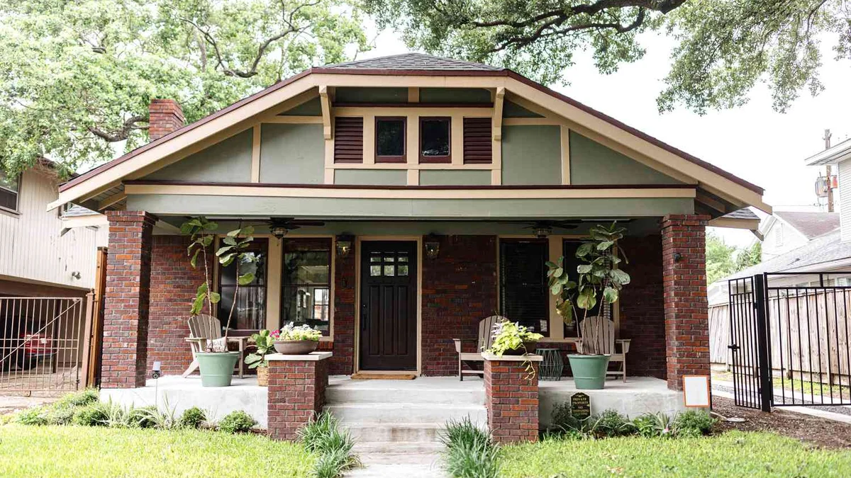 Ballard craftsman bungalow exterior in muted sage green with cream trim — Pacific Northwest painting