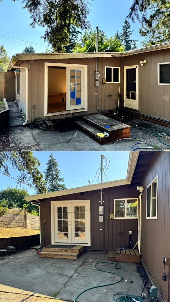 Exterior house painting before and after in Seattle - rental property preparation showing siding transformation
