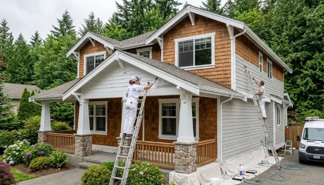 Professional exterior painting on Lynnwood home — fresh siding and trim transformation