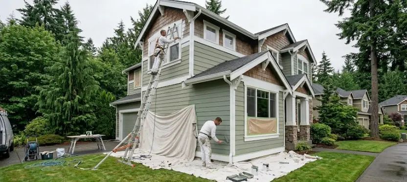 Exterior painting crew working on a two-story home in Mill Creek WA