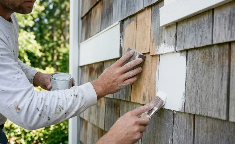 Cedar siding being prepped and primed on a Mill Creek home