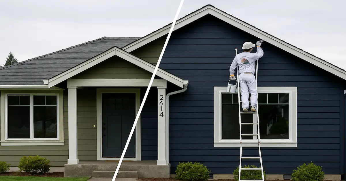 Professional house painting project in Everett, WA showing dramatic before and after exterior transformation