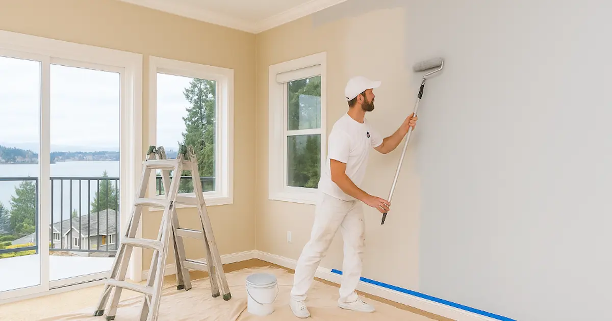 Professional interior painting project in Kirkland, WA showing living room transformation with Lake Washington views