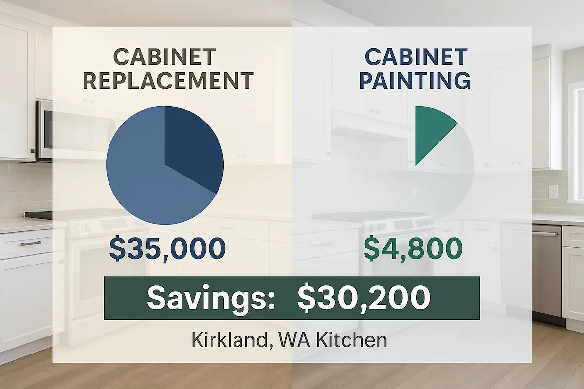 Side by side comparison of cabinet replacement versus painting costs in Kirkland showing massive savings