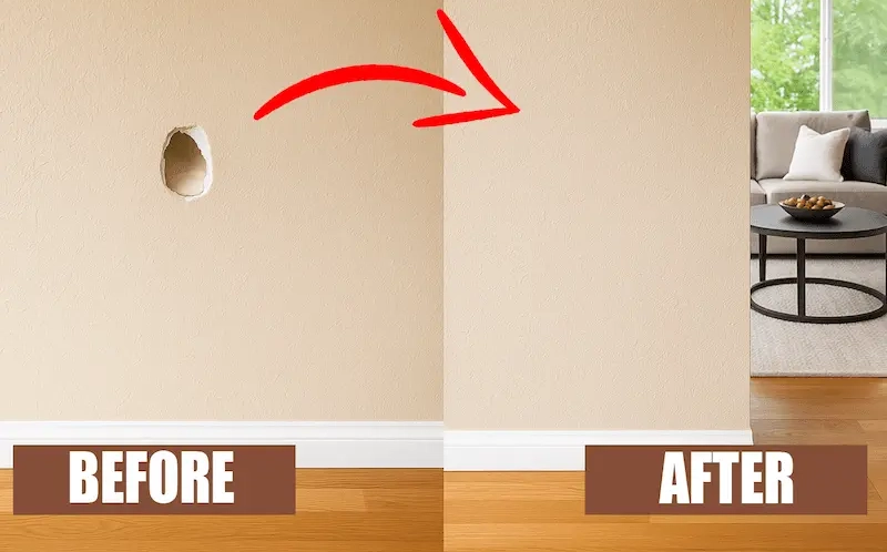 Before and after photos of professional wall patching in Kirkland home showing seamless repair