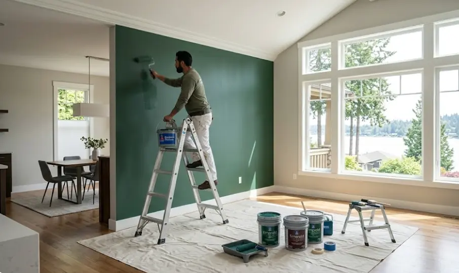 Professional interior painting in Kirkland home with lake views