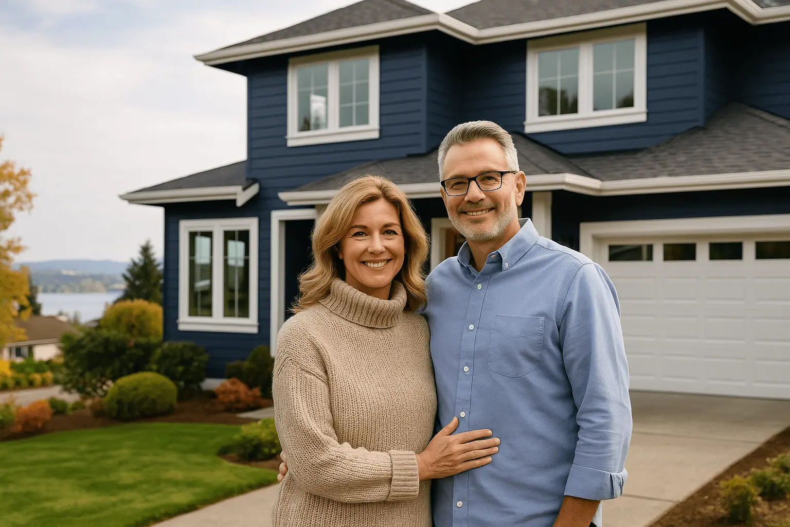 Happy Kirkland homeowners standing in front of their beautifully painted luxury home