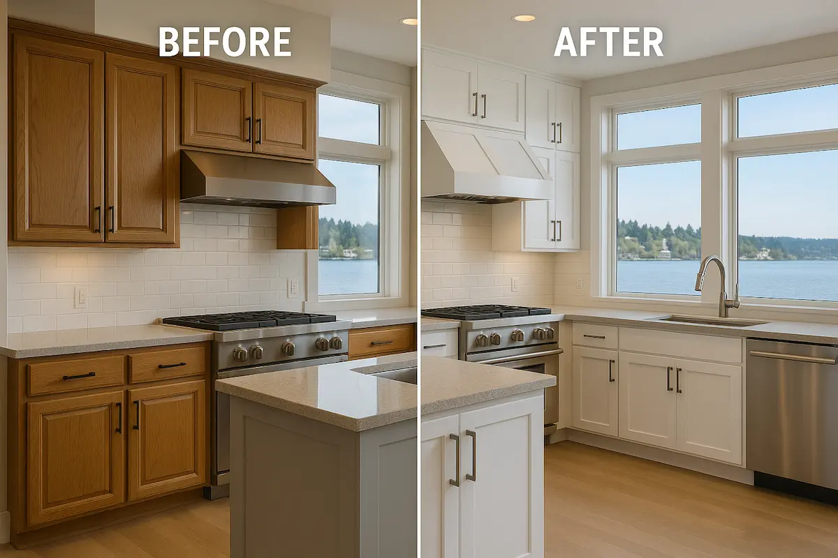 Professional kitchen cabinet painting transformation in Kirkland waterfront home showing expert refinishing results