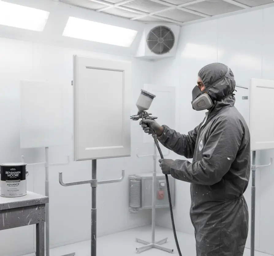 Professional cabinet painting process showing spray application in Redmond