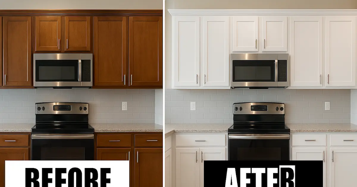 Professional kitchen cabinet painting transformation in Renton, WA showing before and after results of white painted cabinets