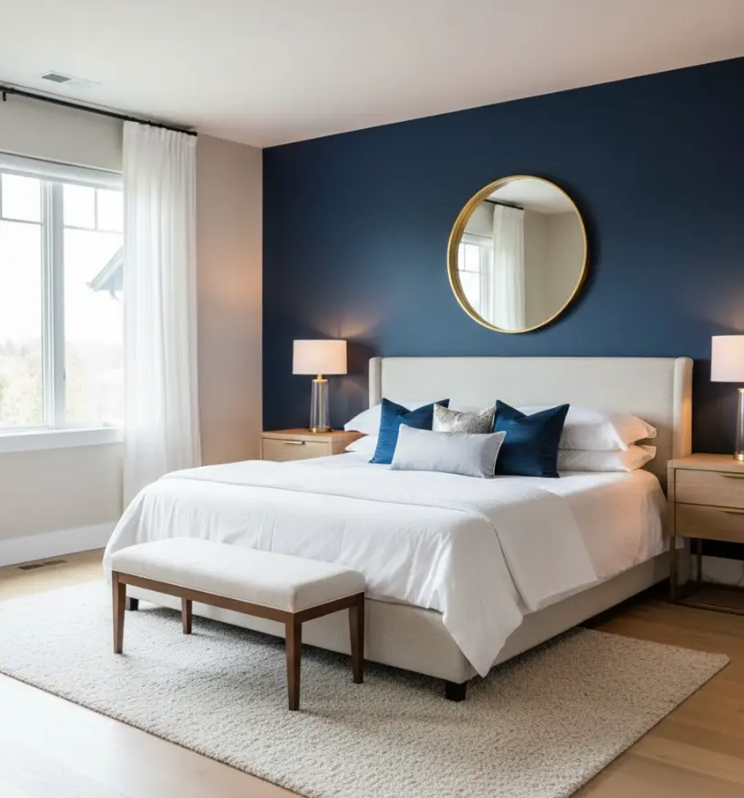 Accent wall in Lynnwood bedroom with navy blue bold color