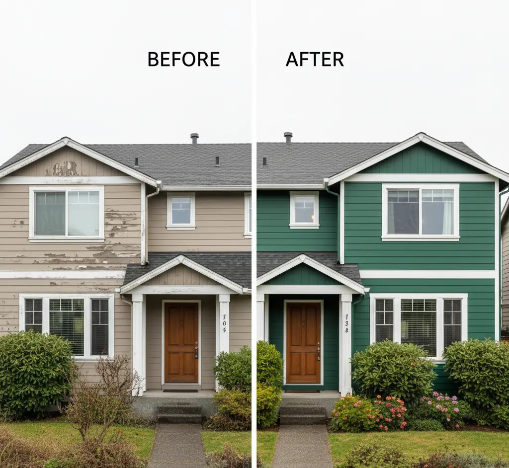 Before and after residential painting transformation in Lynnwood showing dramatic improvement
