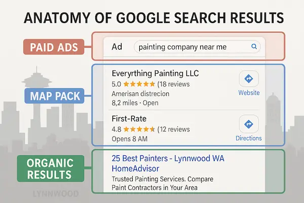 Analysis of Google search results for painting companies showing different result types