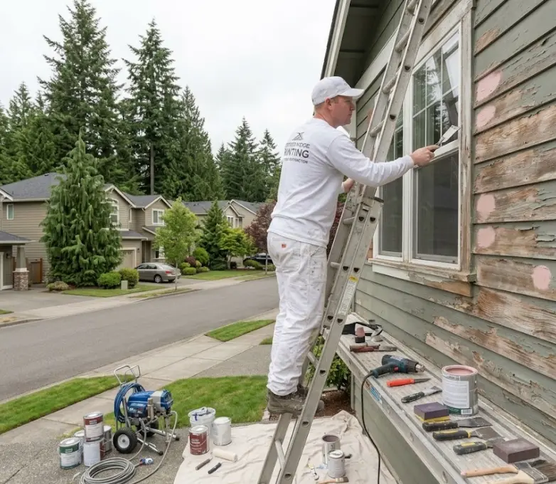 Painting contractor doing cedar siding prep work on a 1980s craftsman home in Copper Ridge Mill Creek WA