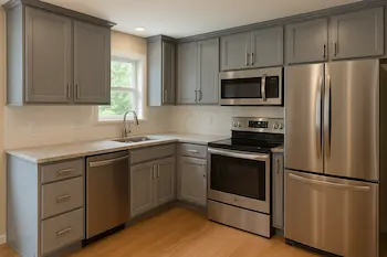 Professional kitchen cabinet painting in Mill Creek home with smooth finish and modern color update