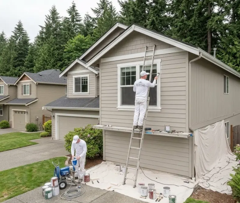 Exterior painting contractor on a Silver Firs Mill Creek WA home — fiber cement siding with PNW tree canopy behind
