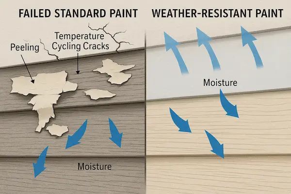Scientific analysis of paint failure in Mill Creek showing moisture damage and temperature cycling effects