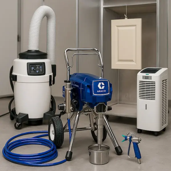 Professional spray equipment used for furniture-grade cabinet finishing