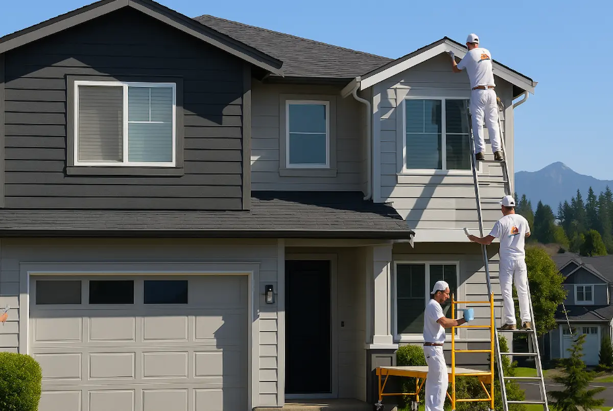 Professional painters working on Microsoft area home in Redmond, WA showing high-tech residential painting project