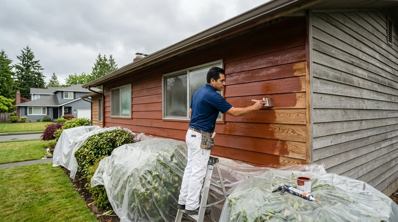 Oil-alkyd primer application on cedar siding of a 1967 Kennydale rambler — Renton WA professional painting
