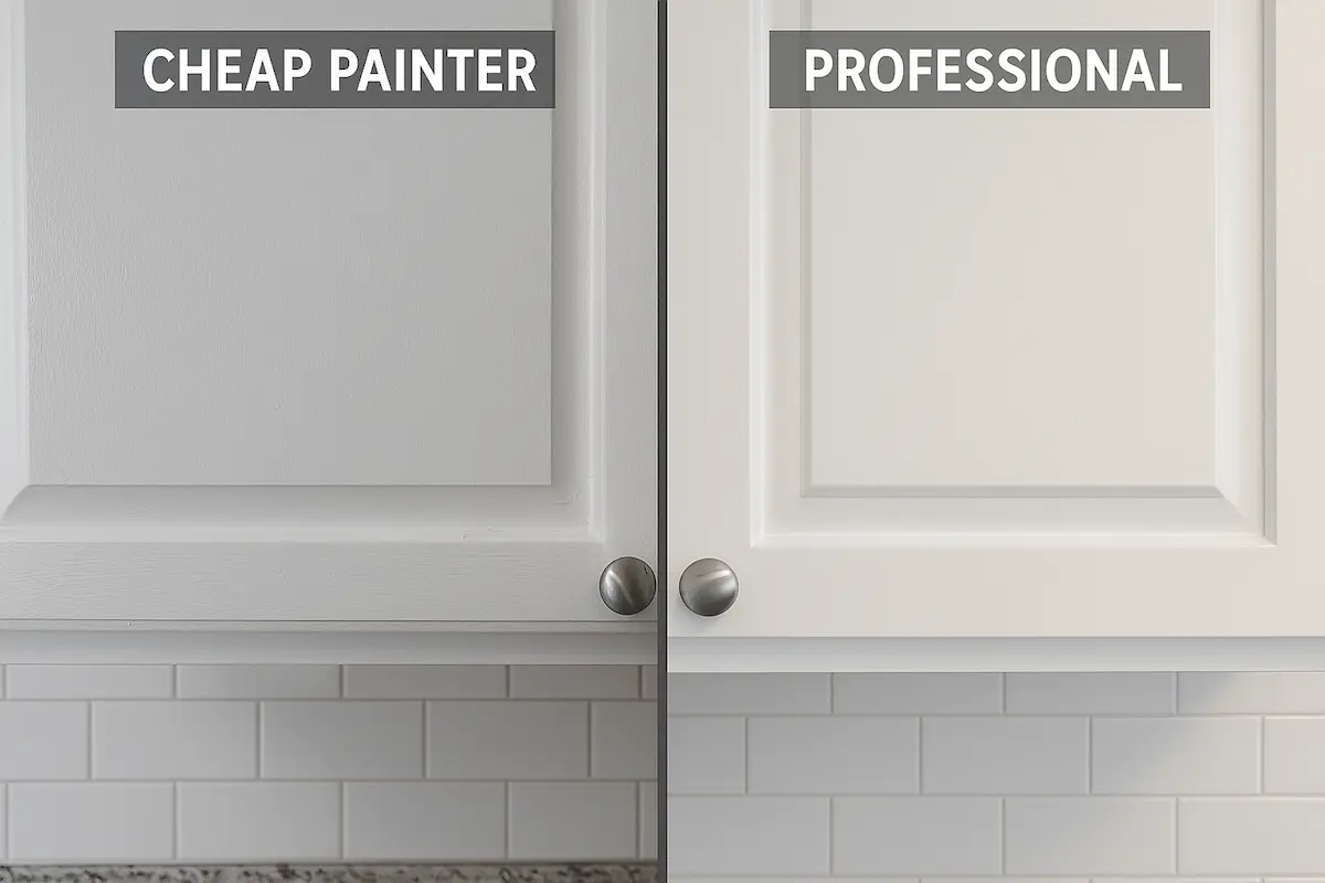 Comparison showing quality difference between professional and cheap cabinet painting in Kirkland