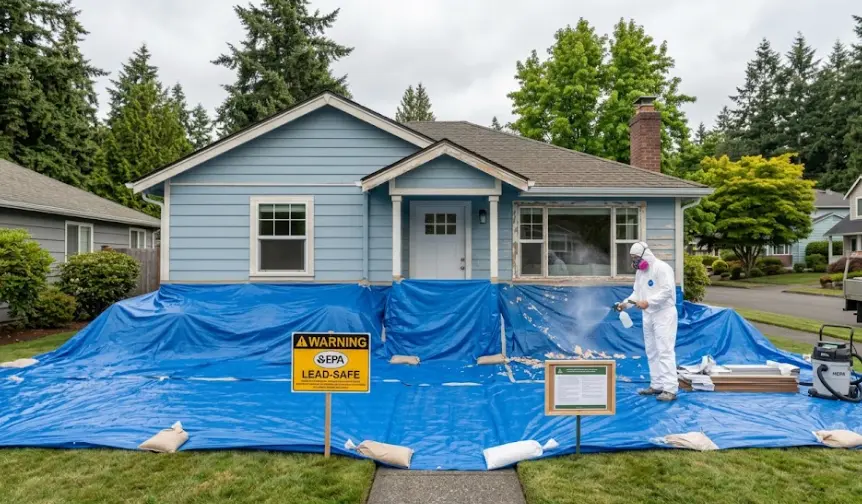 EPA RRP lead-safe exterior painting prep on a 1959 Renton Highlands rambler — plastic containment sheeting and wet scraping