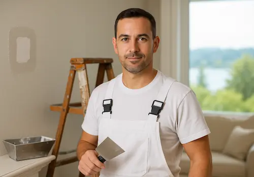 Antonio Pizoni demonstrating professional drywall repair techniques in Sammamish luxury home