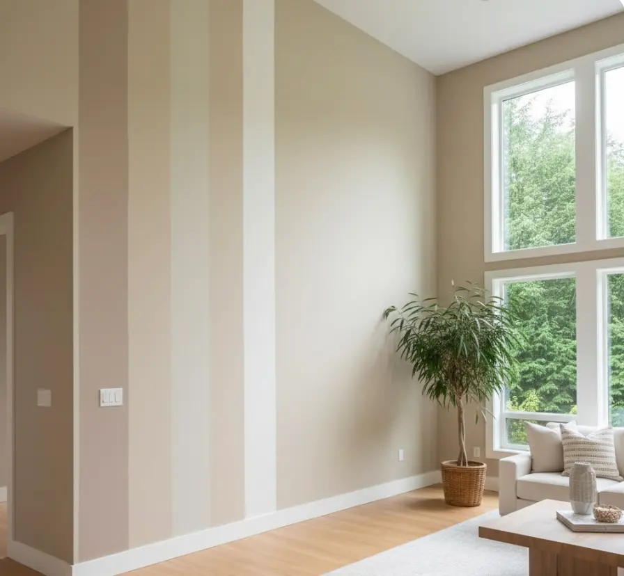 Color testing in Sammamish home showing how filtered forest light affects paint colors
