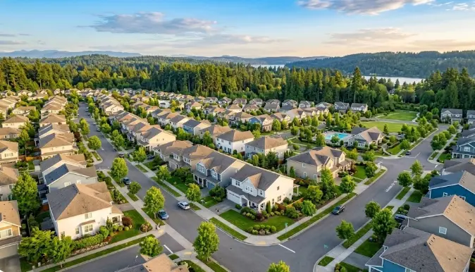 Aerial view of Sammamish plateau neighborhoods with craftsman and contemporary homes