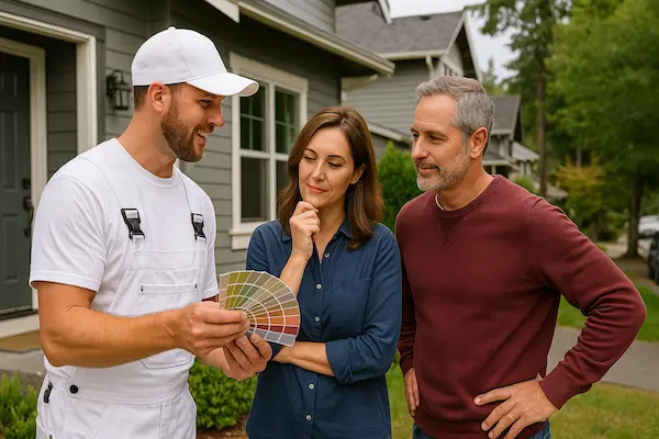 Professional color consultation taking place at Shoreline home with paint samples