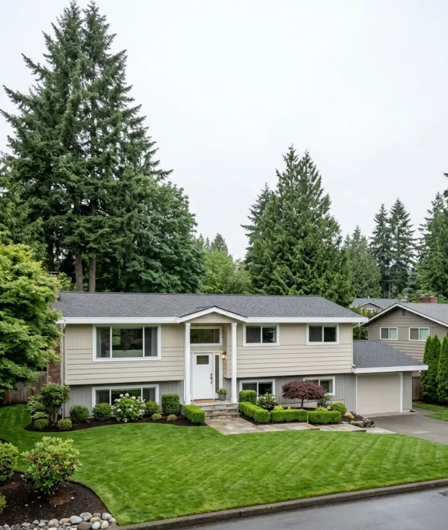 Before and after house painting project in Shoreline WA — T1-11 siding repaint with new trim