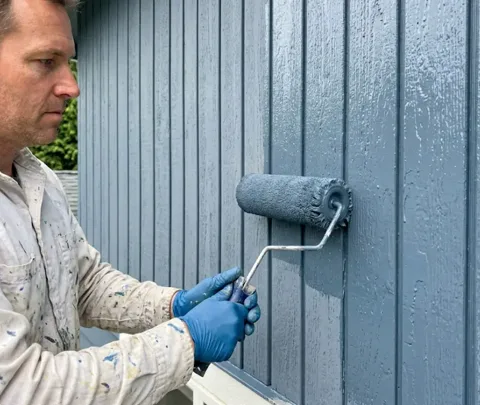T1-11 plywood siding being painted on a Shoreline WA home — seam caulking and full primer process