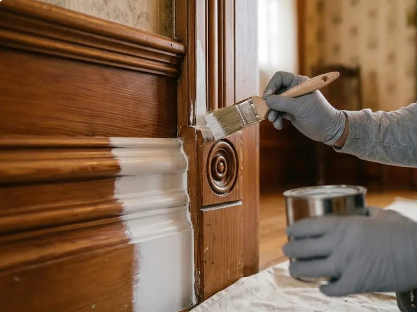Interior painting in a Snohomish Victorian home — original woodwork preserved