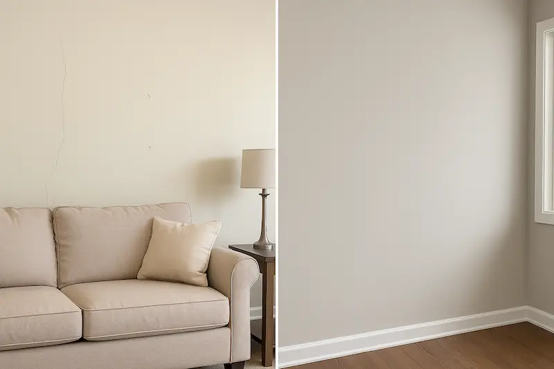 Wall painting transformation in Wellington Woodinville showing crack repair and texture matching